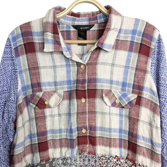 Ali Miles Patchwork Tunic Top 1X Mixed Media Floral Plaid Button Front Raw Hem - Picture 2 of 10